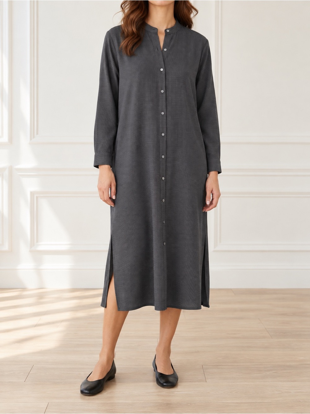 Eileen Fisher Mini Check Crepe Mandarin Collar Dress L Gray Tencel Button Midi